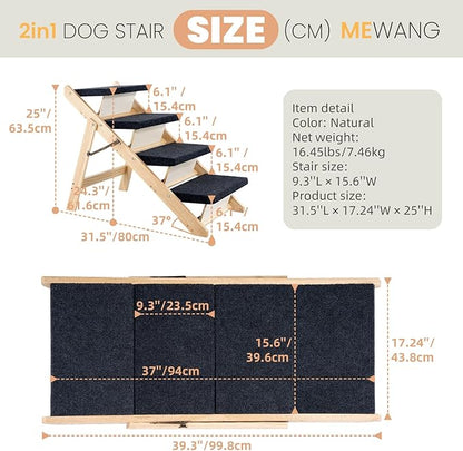 MEWANG Wood Pet Stairs & Ramp for Small/Medium Dogs and Cats, Aging Pets – 3-in-1 Foldable, Portable, Non-Slip Pet Ladder for Tall Beds, Couches,Cars–Holds Up to 220 lbs (31.5" L x 17.2" W x 25.0" H)