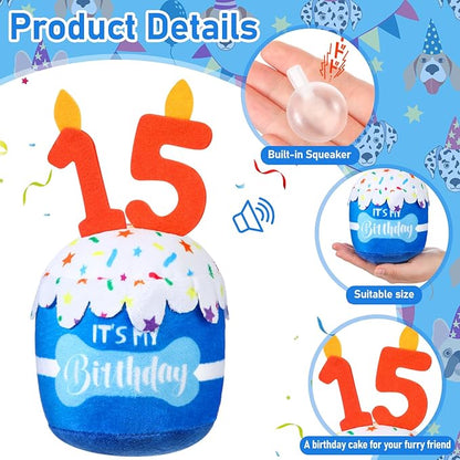 Dog Birthday Cake Toy Accessories for Girl Boy Gifts, Squeaky Plush Toy for Dog Birthday Party Decor Favor for Large, Medium and Small Dogs(15th,Blue)