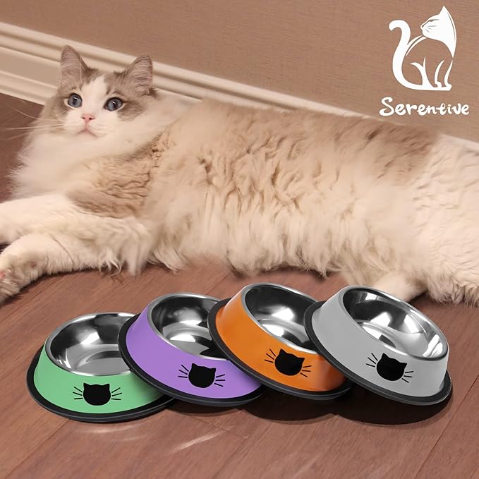 Serentive 3Pcs Cat Bowls, Non-Slip Stainless Steel, 7 Oz, Suitable for Indoor Pets, Removable Rubber Base, Lovely Color