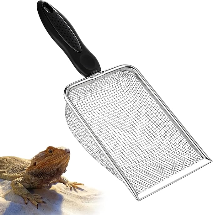 Stainless Steel Mesh Litter Shovel, Fine Mesh Metal Reptile Litter Cleaner Scooper, Black Non-Slip Handle Sifter for Lizard Substrate Reptile Terrarium Sand Waste