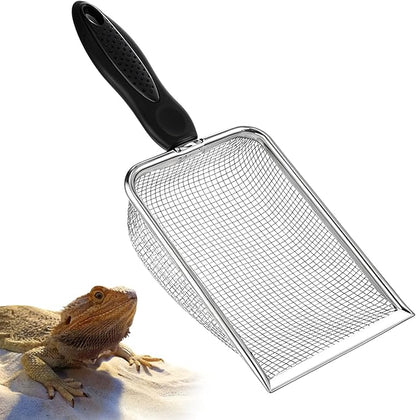 Stainless Steel Mesh Litter Shovel, Fine Mesh Metal Reptile Litter Cleaner Scooper, Black Non-Slip Handle Sifter for Lizard Substrate Reptile Terrarium Sand Waste