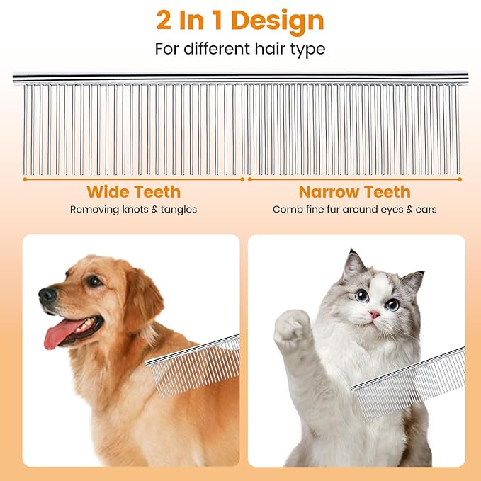 PETTOM 2Pcs Stainless Steel Dog Comb, Round Tooth Cat Comb with 2 Tooth Widths, Metal Combs for Removing Knots and Tangles, Grooming Tool for Long and Short Hair Pets, 7.5 IN Silver