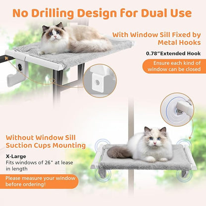 2 in 1 Cat Window Perch,Cat Window Hammock with Metal Sliding Clamping Adjustment,Removable Two Fabrics Cover,4 Suction Cups,Window Beds for Indoor Cat(26"x13")