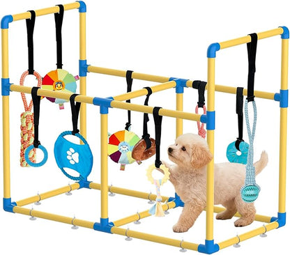 Large Puppy Play Gym & 10 Hanging Toys Indoor Play Gym Interactive Dog Toys for Boredom Enrichment Activity for Small Dog Teething PVC Frame Stretchy Rope with Velcro (35.5 x 27.5 x 18.5 inch)
