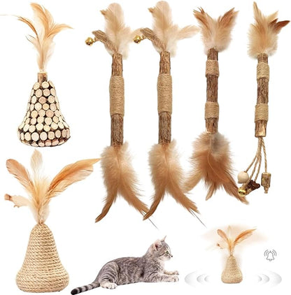 Walfront Cat Toys Interactive,Cats Chew Toys Sticks 2PCS Realistic Tree Stump Toys + 4PCS Pure Natural Log Sticks with Feathers and Bell Natural,Safe Dental Teething Toy for Indoor Cats