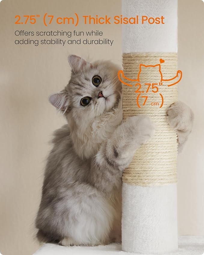Feandrea Cat Tree, 33.1-Inch Cat Tower, Plush Condo for Large Cats up to 16 lb, Large Perch, 2 Caves, Scratching Post, Cream White UPCT061T01