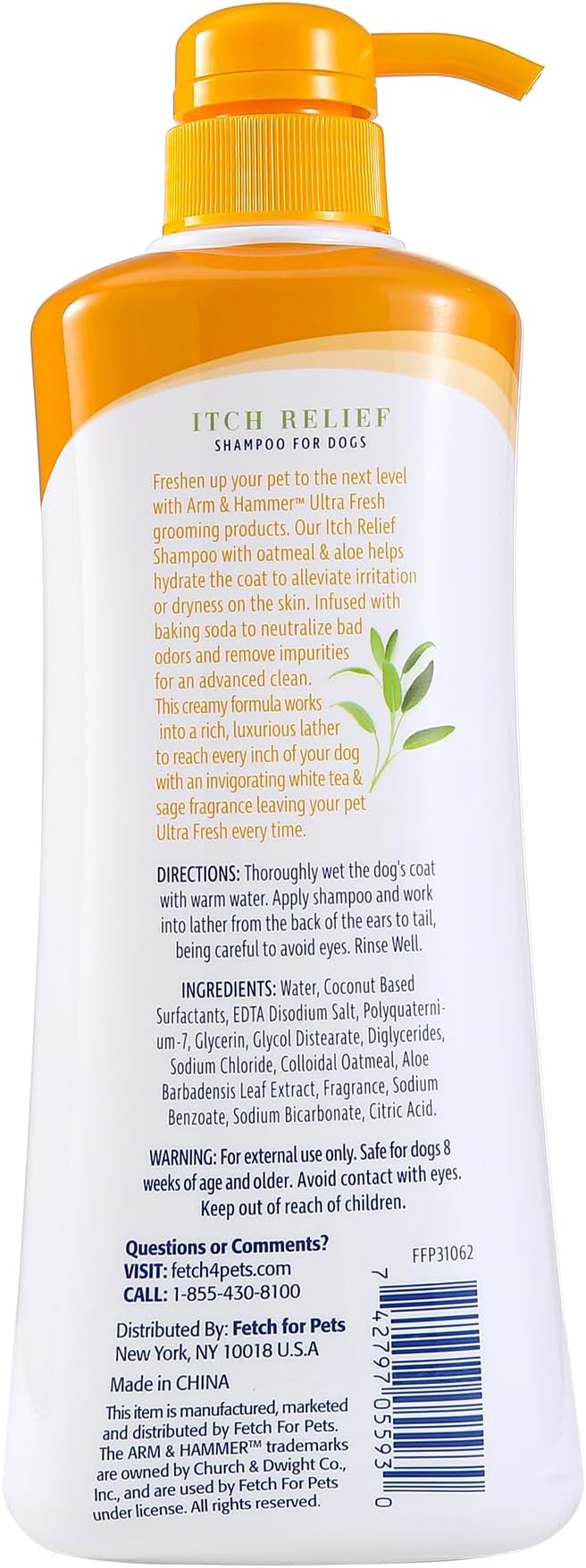 Arm & Hammer Ultra Fresh Oatmeal Dog Shampoo with Aloe for Itch Relief and Odor Control, Baking Soda Deodorizing Pet Shampoo for Dry Itchy Skin, Pump Bottle Dog Wash, White Tea & Sage Scent, 24 Fl Oz