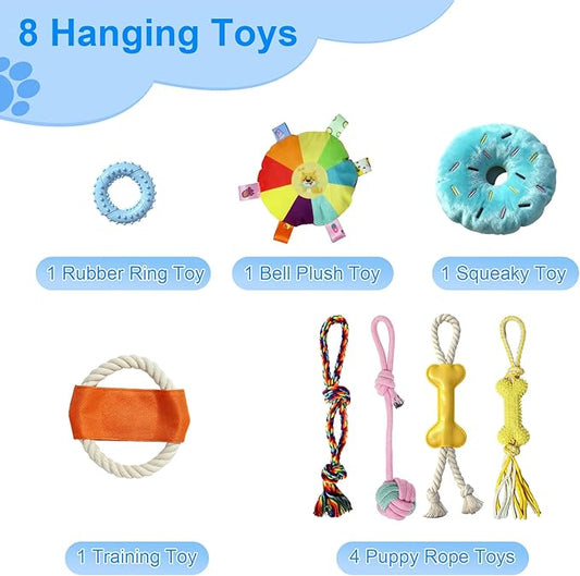 Puppy Play Gym with 8 Hanging Toys - Indoor Jungle Gym for Small Dogs, Interactive Enrichment Activity Center for Puppies, 19.5" PVC Frame with Teething Squeaky Toys to Keep Them Busy