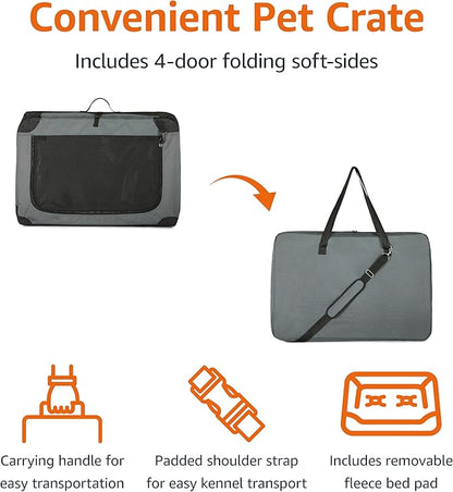 Amazon Basics 4-Door Portable Folding Soft Dog Crate, Collapsible Travel Kennel for Cat, Dog, and Other Small Animals, Pop Up with Easy Transportation, Grey, M 30" x 21" x 21"