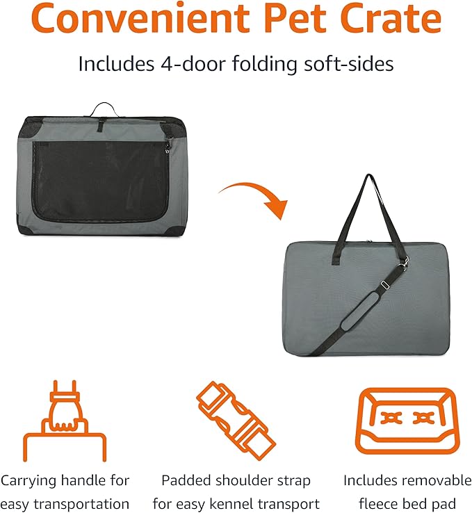 Amazon Basics 4-Door Portable Folding Soft Dog Crate, Collapsible Travel Kennel for Cat, Dog, and Small Animals, Pop Up with Fleece Mat, Water-Resistant Base, Grey, 36" x 24" x 24"