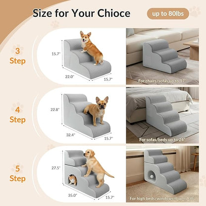 Dog Stairs for Bed Up to 24" H, Extra Height 22.8" 4-Step Pet Steps for Small Dogs and Cats, Non-Slip Sturdy Dog Ramp with Anti-Tip Safety Strap and Washable Cover,Balanced Ramp Indoor Pet Stairs