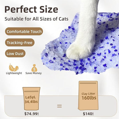 LaSyL Crystal Cat Litter for Multi-Cat Households - 34.4 lb Silica Gel, 30-Day Odor Control, 99.9% Dust-Free Non-Clumping Low Tracking Lightweight Unscented Formula (8 Bags x 4.3lb)