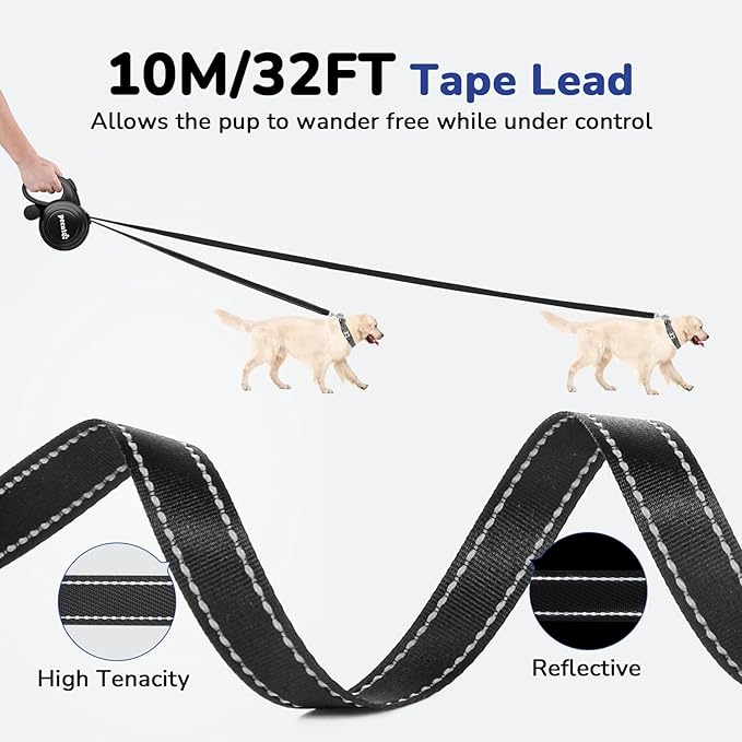 32ft Retractable Dog Leash with Reflective Strips, One-Button Control & Sturdiness Nylon Material, Long Leash Retractable with Poop Bag Holder for Medium Large Dog