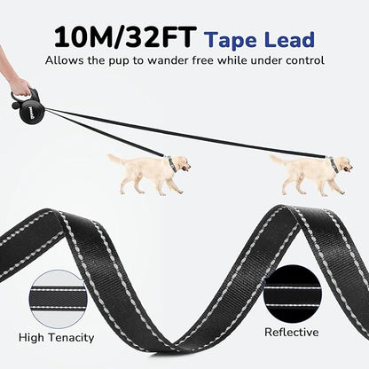 32ft Retractable Dog Leash with Reflective Strips, One-Button Control & Sturdiness Nylon Material, Long Leash Retractable with Poop Bag Holder for Medium Large Dog