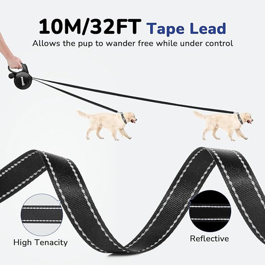 32ft Retractable Dog Leash with Reflective Strips, One-Button Control & Sturdiness Nylon Material, Long Leash Retractable with Poop Bag Holder for Medium Large Dog