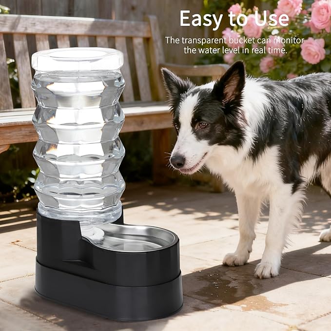 RIZZARI 9L Dog Water Dispenser:Black Stainless Steel Automatic Gravity Feeder -Removes Odors -Softens Water-Helps Prevent Urinary Stones -Extends Lifespan -for Active Dog Owners &Home Garage Balcony