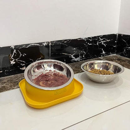 Tilted Cat Food Bowls, Cat Feeding Dishes Whisker Friendly, Slanted Flat Plastic Feeder Elevated Angled Design, 3 in 1 Combined Food Bowls(Yellow)