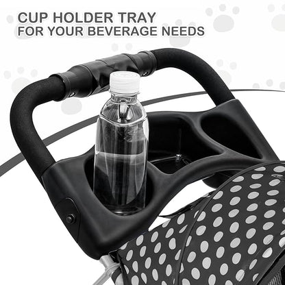 MoNiBloom 3 Wheels Pet Dog Cat Stroller for Small Medium Dogs Cats, Foldable Jogger Stroller w/Storage Basket and Cup Holder, Black Polka Dots