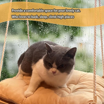 Cat Window Perch with Gunny Rope and Thick Cushion, Wooden Cat Hammock for Window, Bed for for Small Medium Indoor Cats