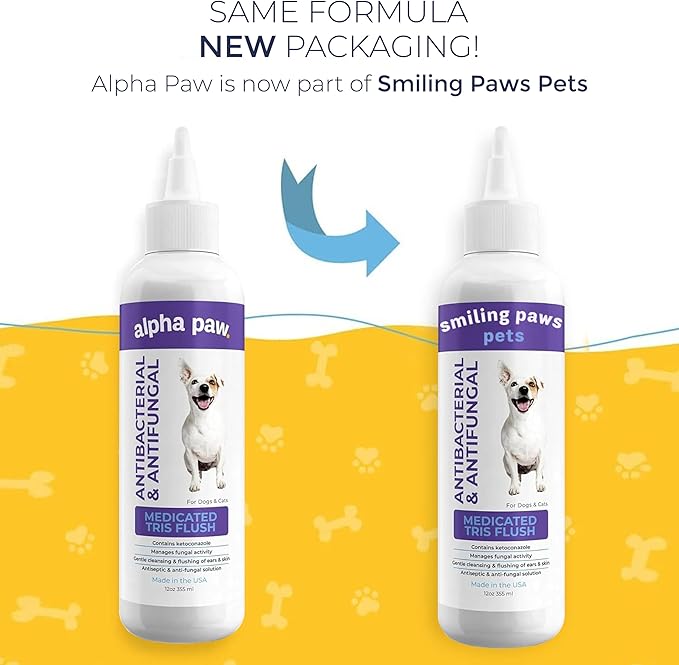 Smiling Paws Pets Medicated Tris Flush Dog Ear Cleaner Solution and Infection Treatment for Dogs and Cats Ear Flush for Dogs Ear Cleaner for Dogs & Cats - Cat & Dog Ear Wash Contains Ketoconazole 12oz