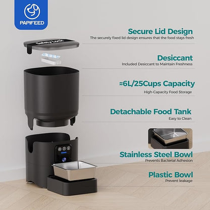PAPIFEED Automatic Cat Feeder,Camera 1080P HD - 6L Pet Feeder, 2.4/5G WiFi Smart App Control, Bluetooth Assist Link,Wide-Angle Lens,Automatic Feeder for Small and Medium-Sized Pets (5G 1080P)