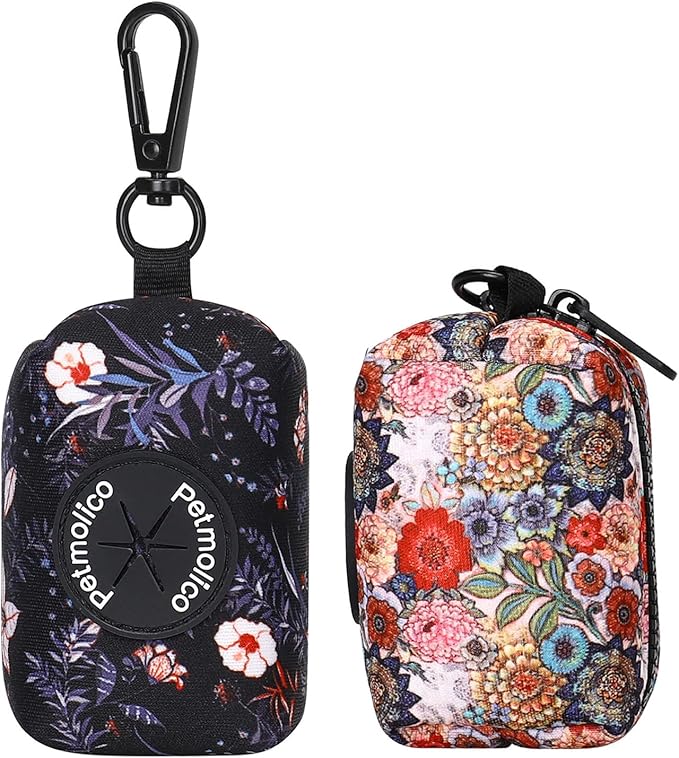 Petmolico Dog Poop Bag Holder Leash Attachment, Waste Bag Dispenser Zippered Pouch - 2 Pack, Fits Any Leash, Includes Free Roll of Bags, Boho Floral