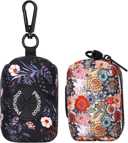 Petmolico Dog Poop Bag Holder Leash Attachment, Waste Bag Dispenser Zippered Pouch - 2 Pack, Fits Any Leash, Includes Free Roll of Bags, Boho Floral