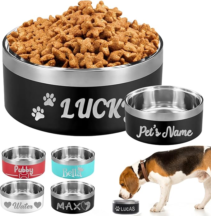 Personalized Dog Bowl Custom Dog Bowls with Name Customized Laser Engraved Stainless Steel Pet Dishes for Large Small Dogs Cat 32/42/64oz Feeding Supplies-Black 64oz