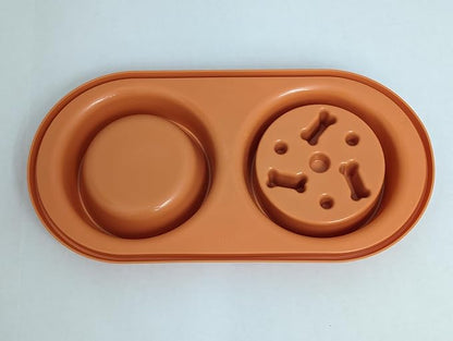 Pets Anti Skid Double Slow Feeder Dog Bowls with Non Skid Silicone Mat - Stainless Steel Dog Water Bowl for Cats & Pets (Orange)