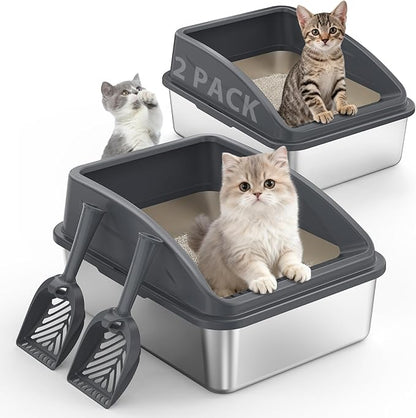 2 Pack Stainless Steel Litter Box for Kitty | Metal Kitty Litter Box with Lid High Sided for Small Cats or Injured Cats, Bunny Litter Boxes, Low Entry, Odor-Free, Non-Stick,Includes Scoop