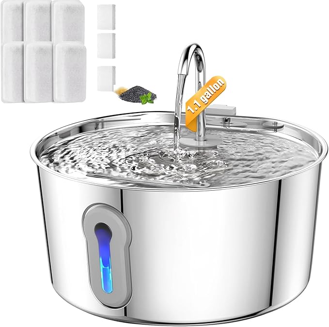 Cat Water Fountain, 4.0L/135oz Automatic Pet Fountain Stainless Steel Large Dog Water Dispenser with Ultra-Quiet Pump & 6 Replacement Filters & for Cats Inside, Dogs, Multiple Pets