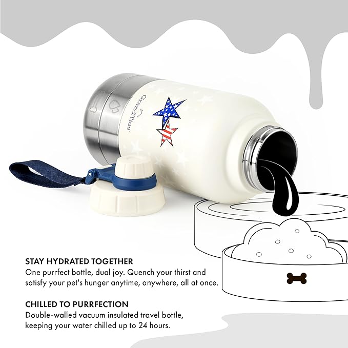 GrandTies Insulated Portable Dog Water Bottle with 2 Detachable Water Bowl Dispenser | Dog Food Travel Container, Accessories for Dogs Walking, Hiking, Camping (32oz (950mL), Patriot)