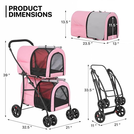 MoNiBloom Double Dog Stroller with Detachable Carrier Bags Large 4 Wheels Foldable Jogger for Small and Medium Dog Cats, Pink/Gray
