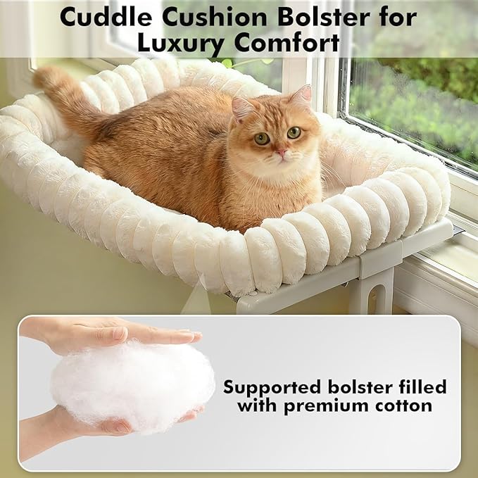Cloud-Cuddle Cat Window Perch with 4-Sided Bolster, Zipper Design Cushion Window Seat for Window Sill, Sturdy Metal Frame & Easy Assembly Pet Hammock Bed for Indoor Cats (White, Large)