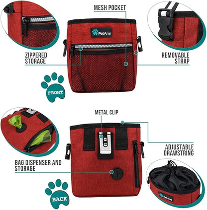 PetAmi Dog Treat Pouch, Pet Treat Pouch for Training, Dog Walking Bag Holder for Kibbles, Pet Food Toy, Dog Trainer Essentials Supplies, Poop Bag Dispenser, 3 Ways to Wear (Red)