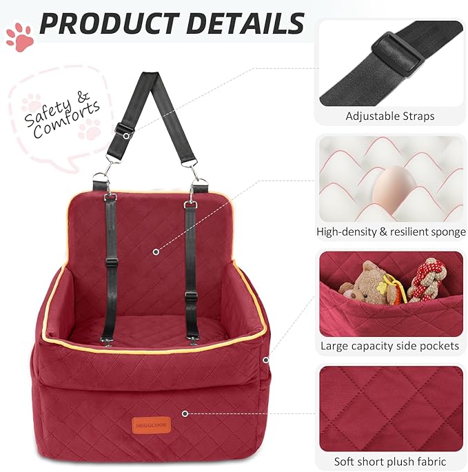 HEGGCOOE Dog Car Seat for Small Medium Dogs, Memory Foam Puppy Dog Booster Seat with Thick Cushion for Dogs Under 35lbs, Detachable Washable Pet Car Seat Travel Bed with Storage Pockets,2 Safety Belts