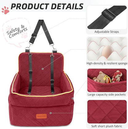 HEGGCOOE Dog Car Seat for Small Medium Dogs, Memory Foam Puppy Dog Booster Seat with Thick Cushion for Dogs Under 35lbs, Detachable Washable Pet Car Seat Travel Bed with Storage Pockets,2 Safety Belts