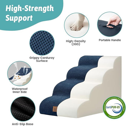 Wide Dog Stairs for Small Dog 19.7" H, Pet Step for Puppy, Older Cat, Curved Ramp for Bed, Durable Anti-Slip Ladder with High Density Foam, 4 Step, 17.7x28x19.7 inch, Navy Blue