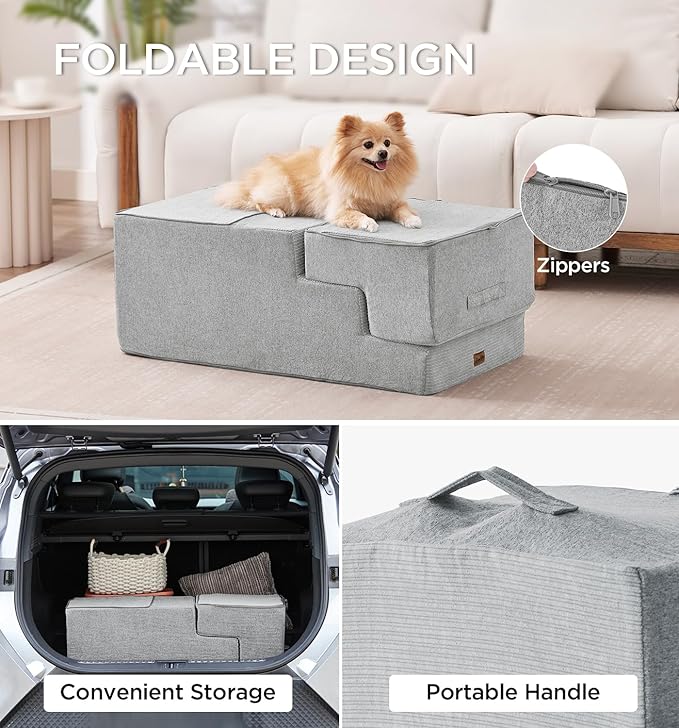 Made4Pets Dog Steps for Bed, Extra Wide Dog Stairs for High Bed Couch Sofa, 35D Foam Pet Steps for Small Dogs and Cats(Up to 40lbs), Non-Slip Bottom Pet Stairs, Light Grey, 4 Steps
