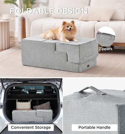 Made4Pets Dog Steps for Bed, Extra Wide Dog Stairs for High Bed Couch Sofa, 35D Foam Pet Steps for Small Dogs and Cats(Up to 40lbs), Non-Slip Bottom Pet Stairs, Light Grey, 4 Steps