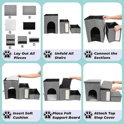 Dog Stairs for Small Dogs, 3 Tiers Dog Step with Storage, Foldable Older Cat Ramp with Condo Cat Scratcher, Portable Pet Ladder for High Bed Couch Chair Car, Up to 165 Lbs, 17 Inch
