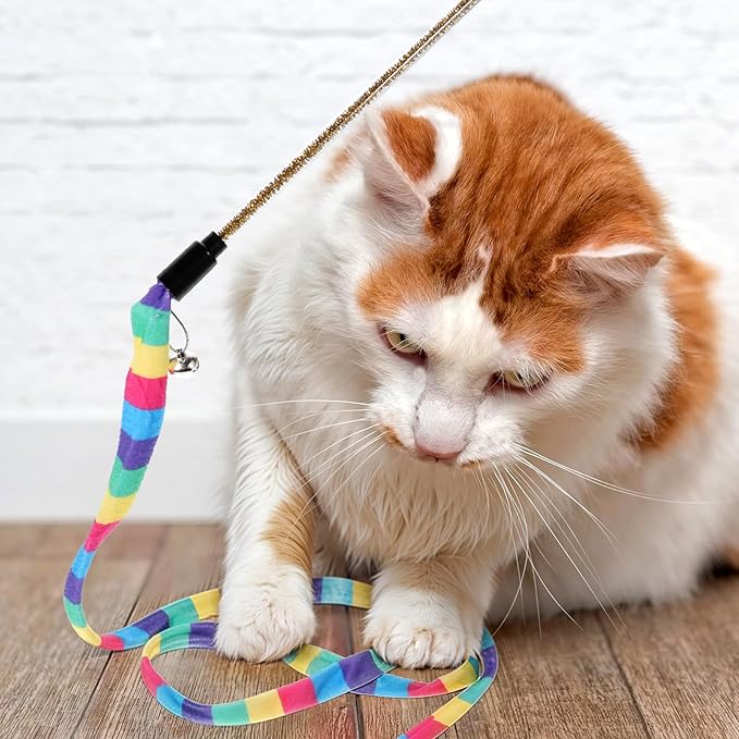 3 PCS Interactive Cat Rainbow Wand Toys, Interactive Cat Teaser Wand Toys for Indoor Cats and Kitten Extended Colorful Cats String Toy with Bells Teaser Wands String for Kitten Kitty Exercise Keep Fit