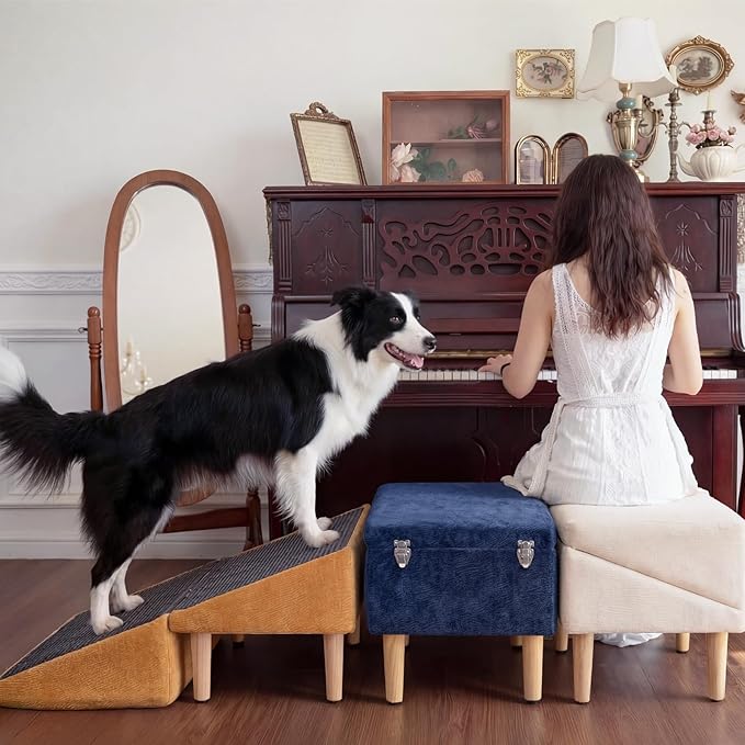 3-in-1 Dog Ramp 18.9"×17.7"×18.9" with Storage – Pet Stairs for Senior & Injured Dogs & Cats, Hidden Storage Footstool, Ottoman Anti-Slip, Supports 220 lbs for Beds & Sofas