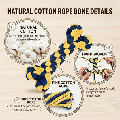 Dog Rope Toys Set with Bone-Shaped Chew Toy, Durable Cotton Rope Toys for Teething, Training, and Interactive Play for Small to Medium Dogs (Blue & Yellow)