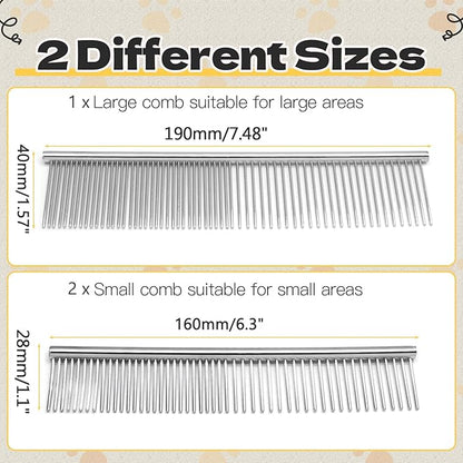 Biaungdo 3 Pcs Dog Grooming Combs Set, Metal Dog Comb for Removing Tangles and Knot, Cat Brush Grooming Tool for Long Haired Pets(7.48 x 1.57 inch & 6.3 x 1.1 inch)