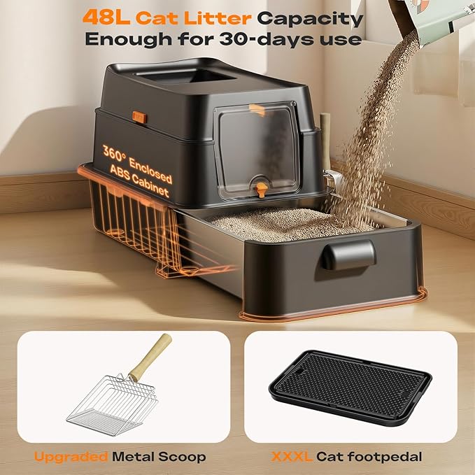 HTii-ë® XXL Stainless Steel Cat Litter Box with Drawer, Extra Large Box for Cats, Enclosed Metal Kitty Litter Box with Litter Scooper, Odor-Urine-Proof, Non-Sticky, Easy Rinse Cleaning