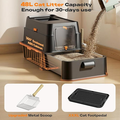 HTii-ë® XXL Stainless Steel Cat Litter Box with Drawer, Extra Large Box for Cats, Enclosed Metal Kitty Litter Box with Litter Scooper, Odor-Urine-Proof, Non-Sticky, Easy Rinse Cleaning