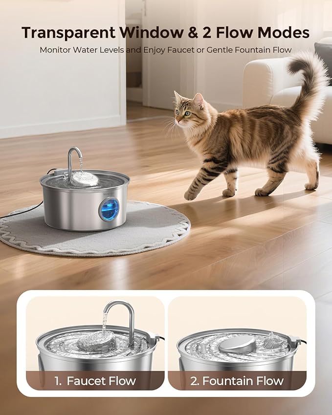 Cat Water Fountain Stainless Steel, 3.2L/108oz Pet Drinking Fountain for Cats Dogs, Automatic Cat Fountain with 2 Flow Modes, Splash-Proof Bowl, Includes 4 Replacement Filters