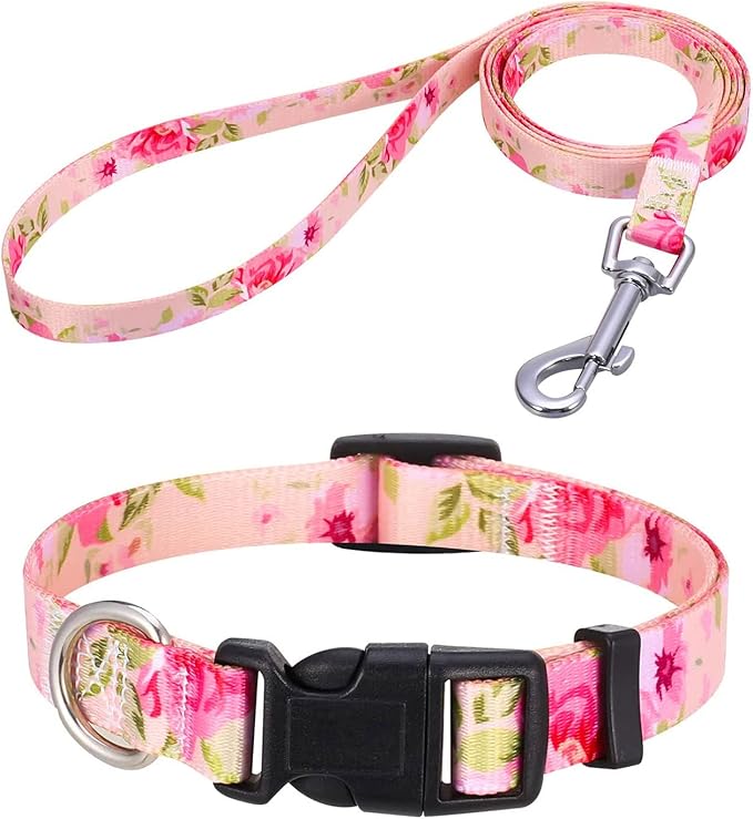Dog Collar and Leash Set with Bohemia Floral Tribal Geometric Patterns - Soft Ethnic Style Collar Adjustable for Small Medium Large Dogs(Pink Rose Set,XS)