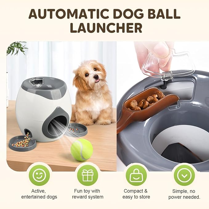 Dog Tennis Ball Food Reward Machine, Interactive Puzzle Toy with Slow Food Dispenser, Outdoor Training Toys Ball Launcher for Medium/Large Dogs, Exercise Mental Stimulation (Grey)
